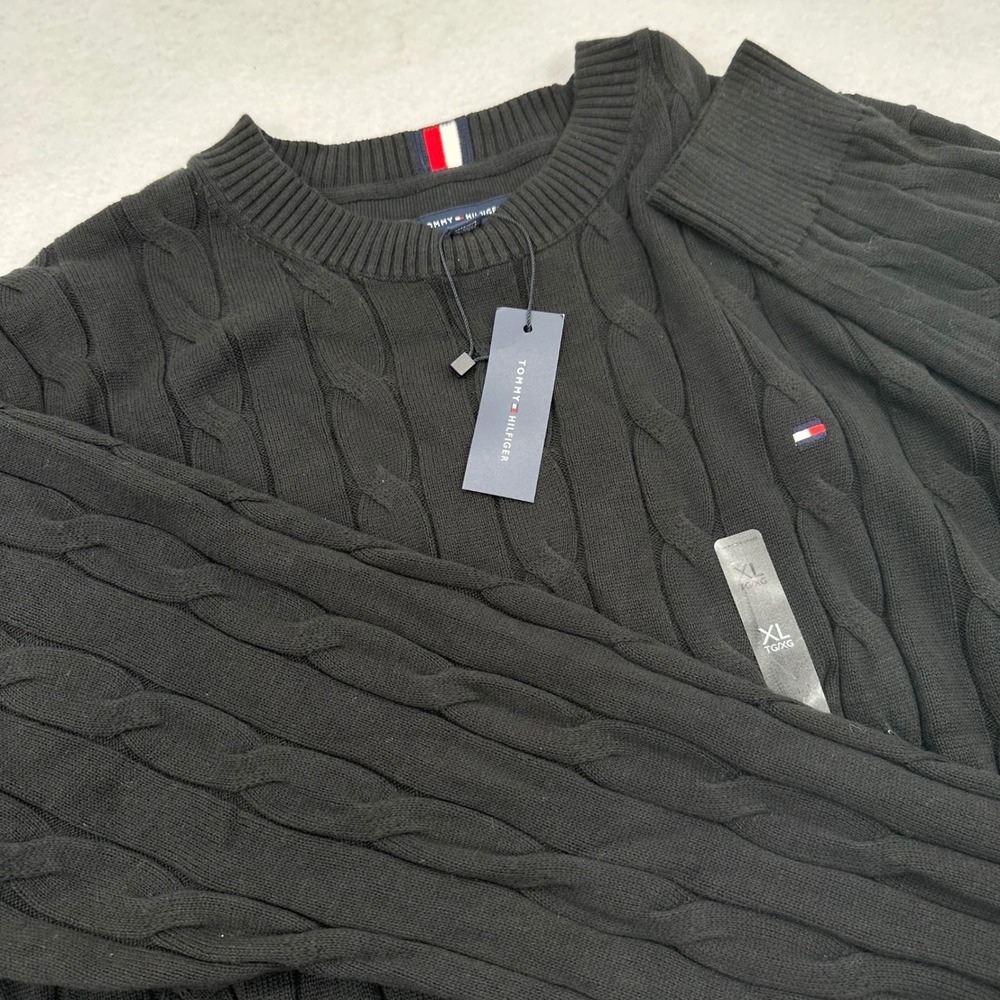 Tommy Hilfiger Mens XL Black Cable Knit Cotton Crewneck Sweater 78J9338 001 NWT